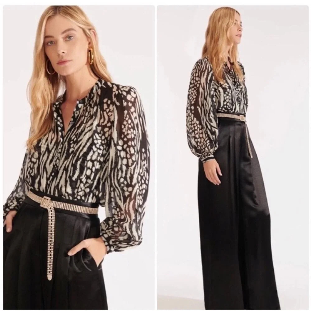 Veronica Beard Ashlynn Silk Blouse Sheer 2 Black and Bone‎ Button Down